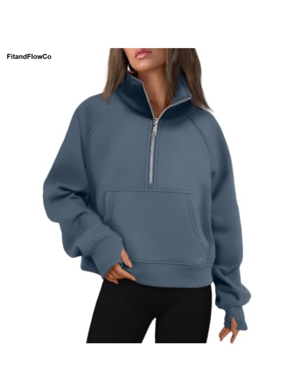 Fleece Lined Half Zip Sweatshirt Thumbholes Kangaroo Pocket Loose Fit